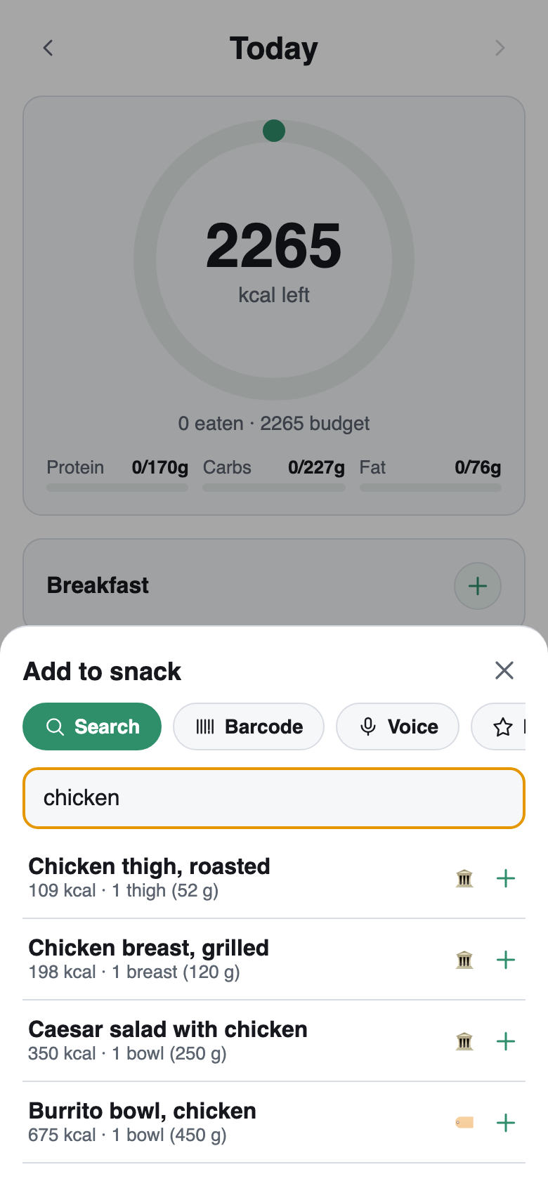 Search the full USDA catalog and log a meal in three taps.