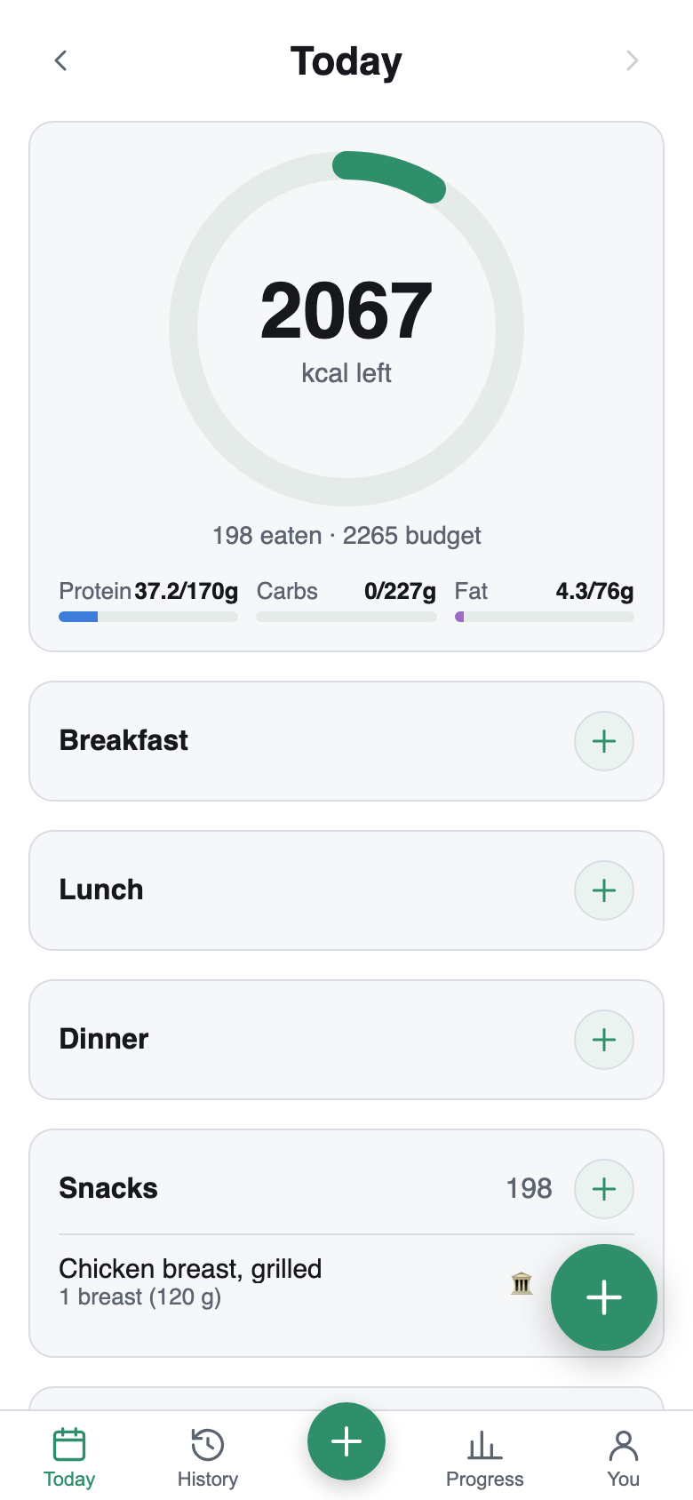 One glance answers “how am I doing?” — budget ring, macros, every meal.