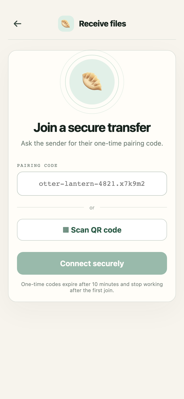 Enter a one-time code or scan a QR — codes expire and die after first use.