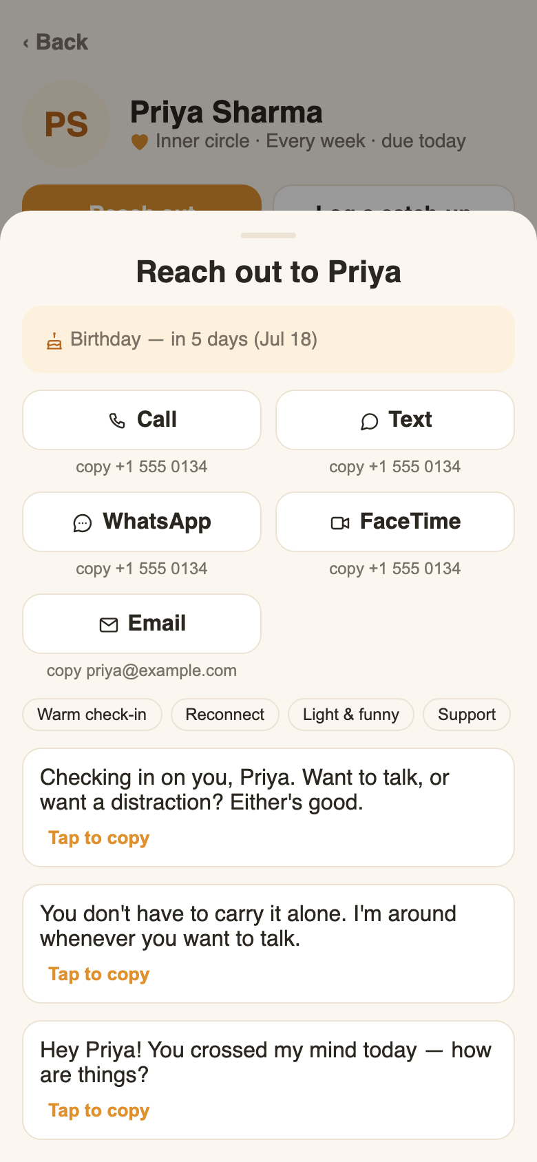 One tap to call or text — with an opener ready to send.