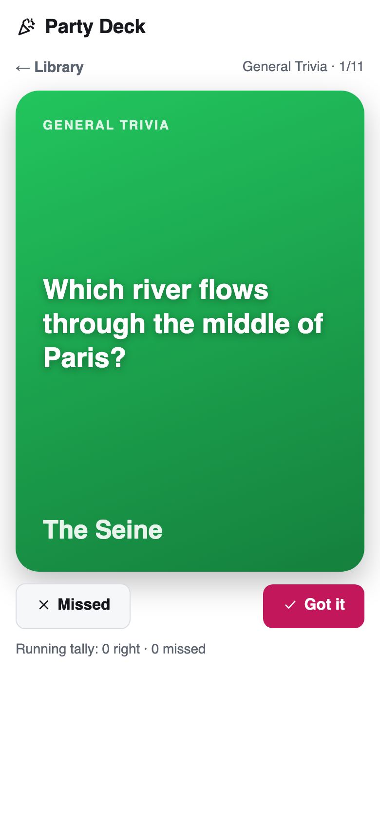 Read it aloud, tap to reveal, score yourselves.